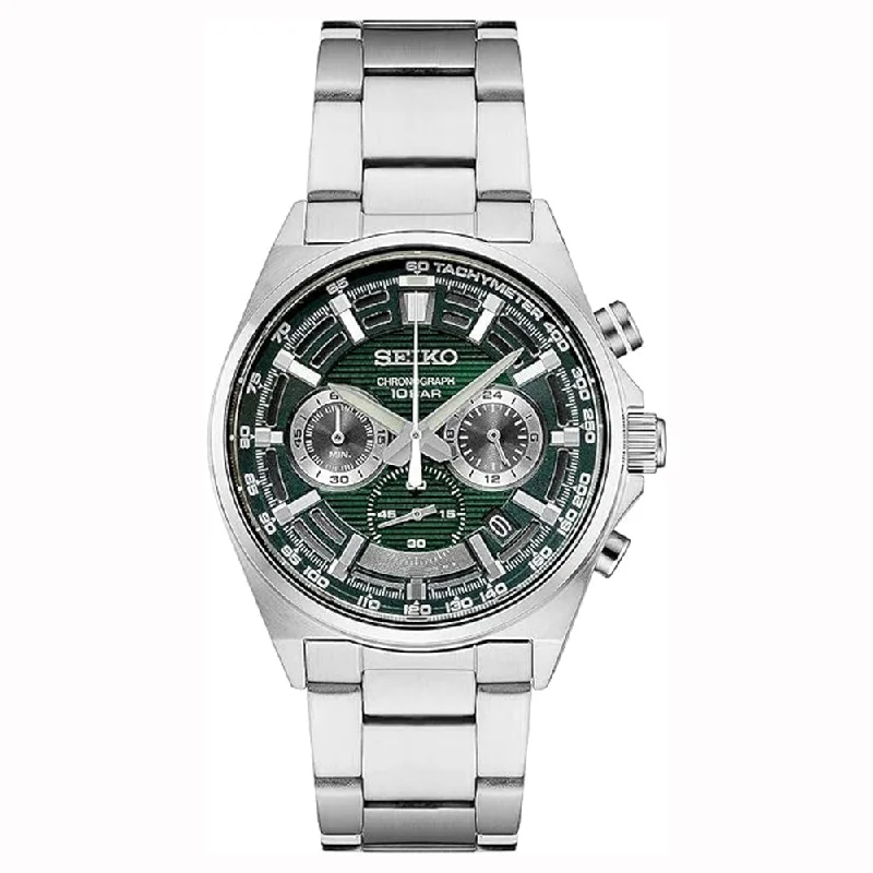 Camping hiking trail reaches-Seiko Men's Green Dial Silver-tone Stainless Steel Band Analog Chronograph Quartz Watch - SSB405