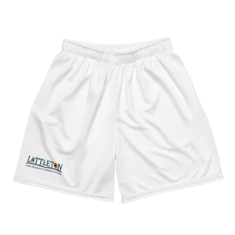 quick-dry camping face sacks-Littleton Park & Rec White Unisex Mesh Shorts